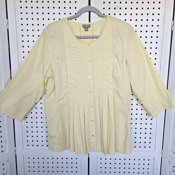 J Jill Pintuck Pleated Yellow Button Front 3/4 Sleeve Top Womens SIZE M - Picture 1 of 7